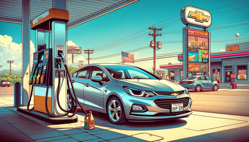 Cartoon image of a Chevrolet Cruze parked at a gas station.