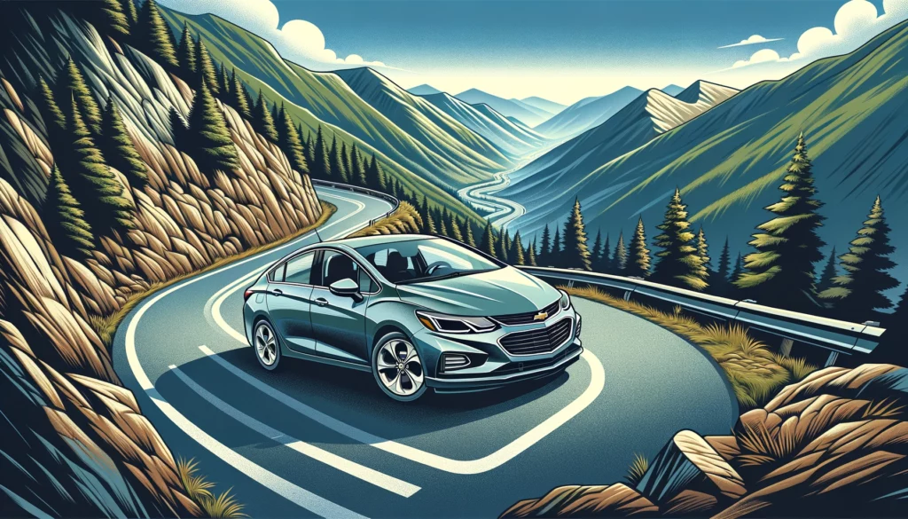 Cartoon image of a Cruze parked at the top of a mountain.