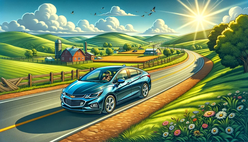 Cartoon image of a Chevy Cruze driving near a farm.