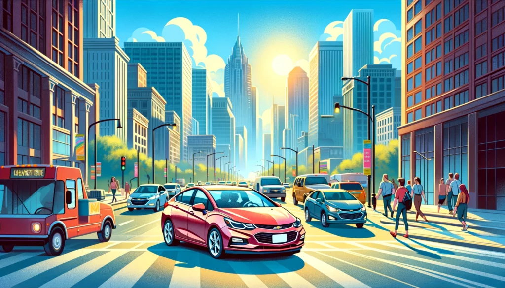 Cartoon image of a Chevy Cruze commuting to the city.