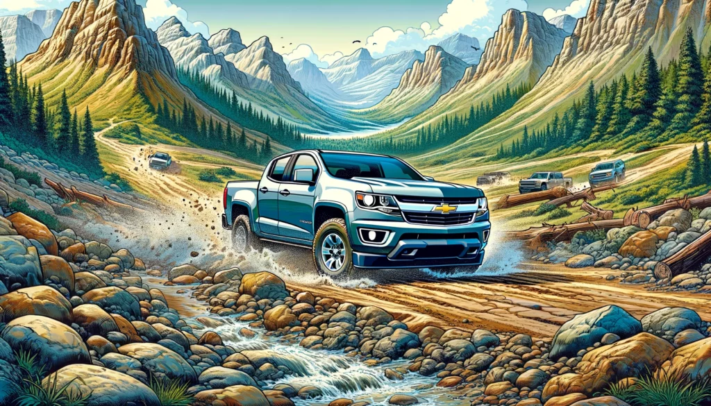 Cartoon image of the Chevy Colorado driving through rough terrain