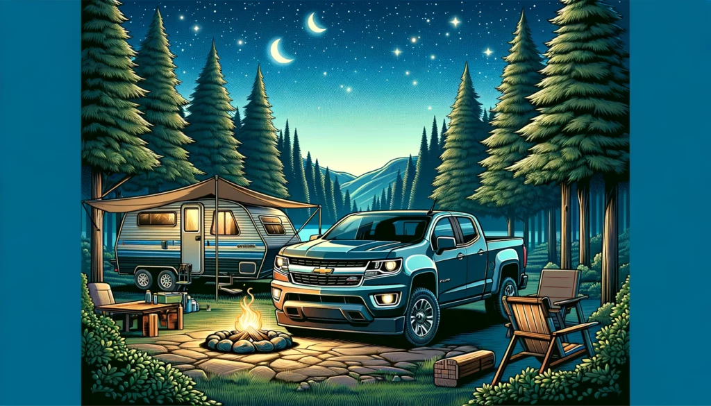 Cartoon image of a Chevy Colorado parked at a camp site