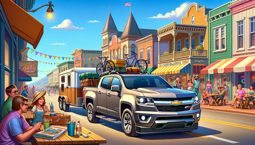 Cartoon image of a Chevy Colorado towing a camper