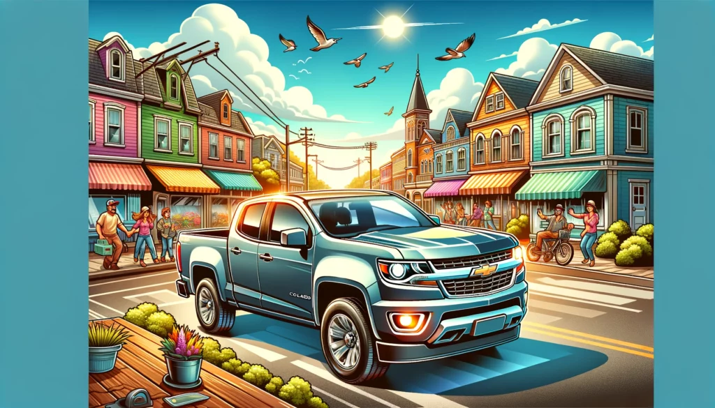 Cartoon image of a Chevy Colorado driving through a town with birds in the sky