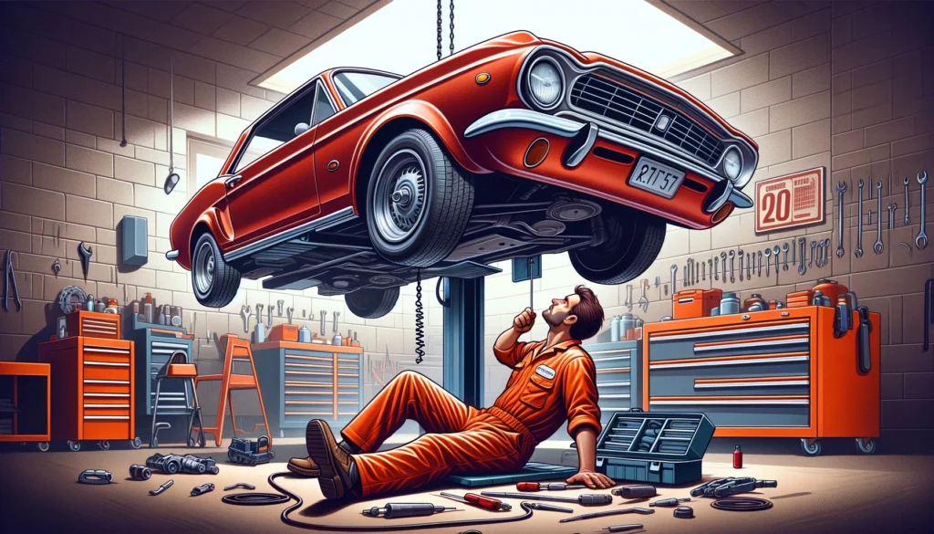 Cartoon image of a mechanic working under a car