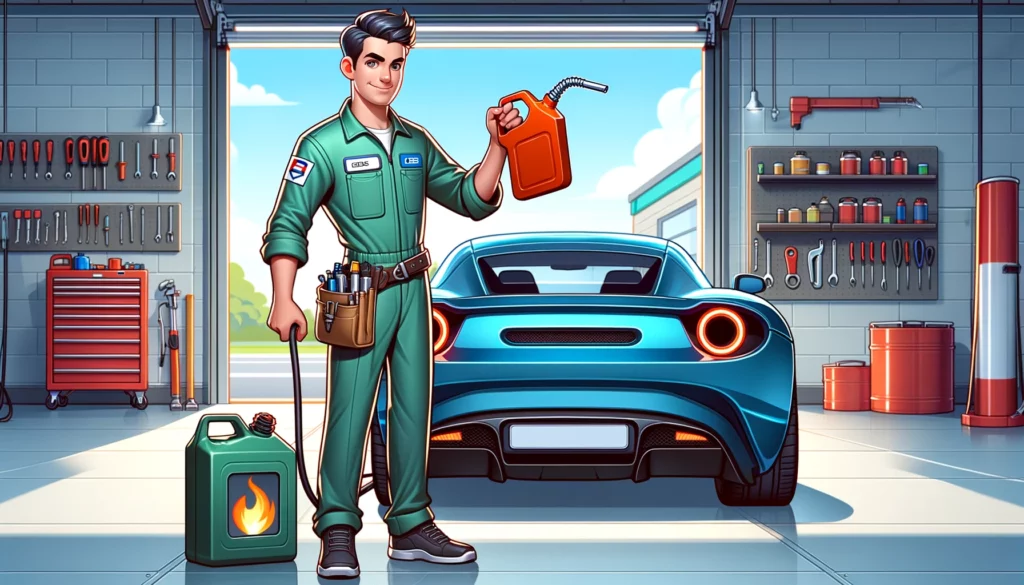 Cartoon image of a mechanic holding a Gerry can for fuel.