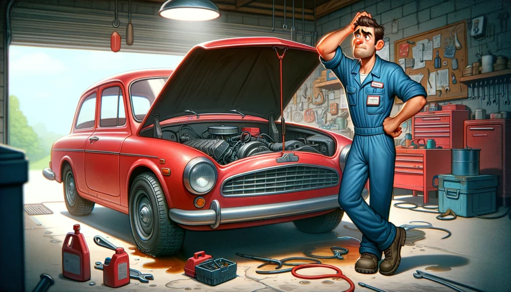 Cartoon image of a car mechanic perplexed by a Fuel Pressure Monitoring Malfunction.