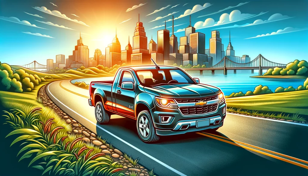 cartoon image of a chevy s10 driving away from a robust city