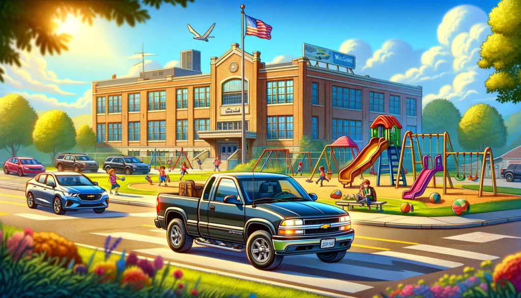cartoon image of a chevrolet s10 driving by an elementary school playground