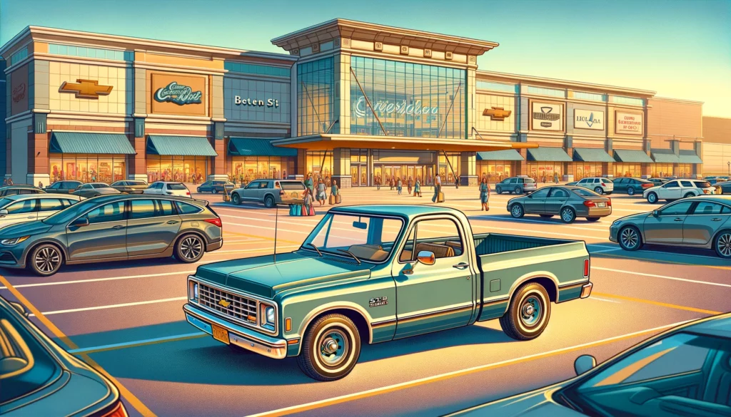 Cartoon image of a 1980's style chevy s10 pickup parked at a mall.