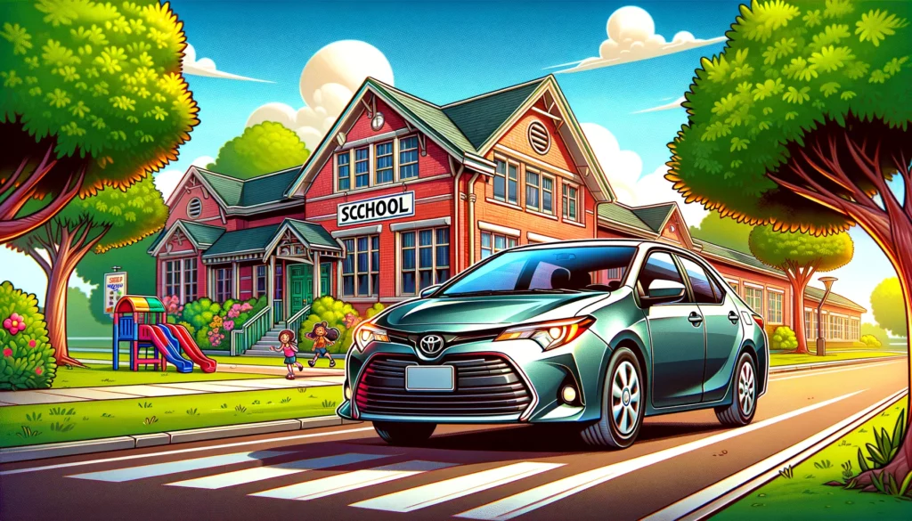 cartoon image of a toyota corolla driving by a school.