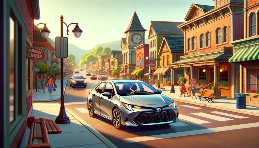 cartoon image of a toyota corolla driving in a quaint town