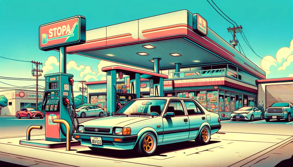 cartoon image of a classic corolla parked at a gas station