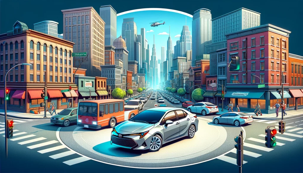 cartoon image of a toyota corolla driving in a busy city